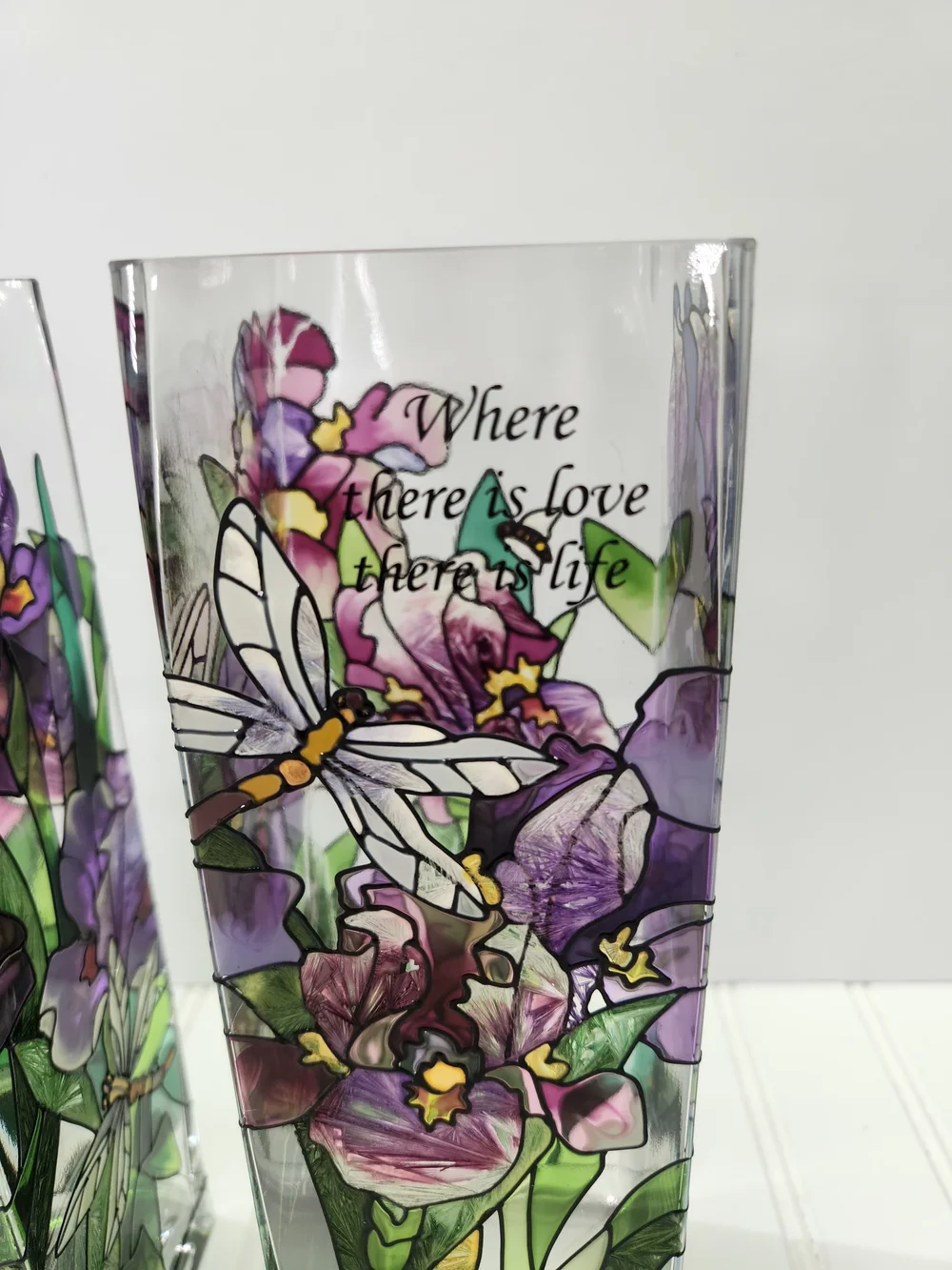 Vintage Joan Baker Designs Set of 2 Hand-Painted Stained Glass Vases
